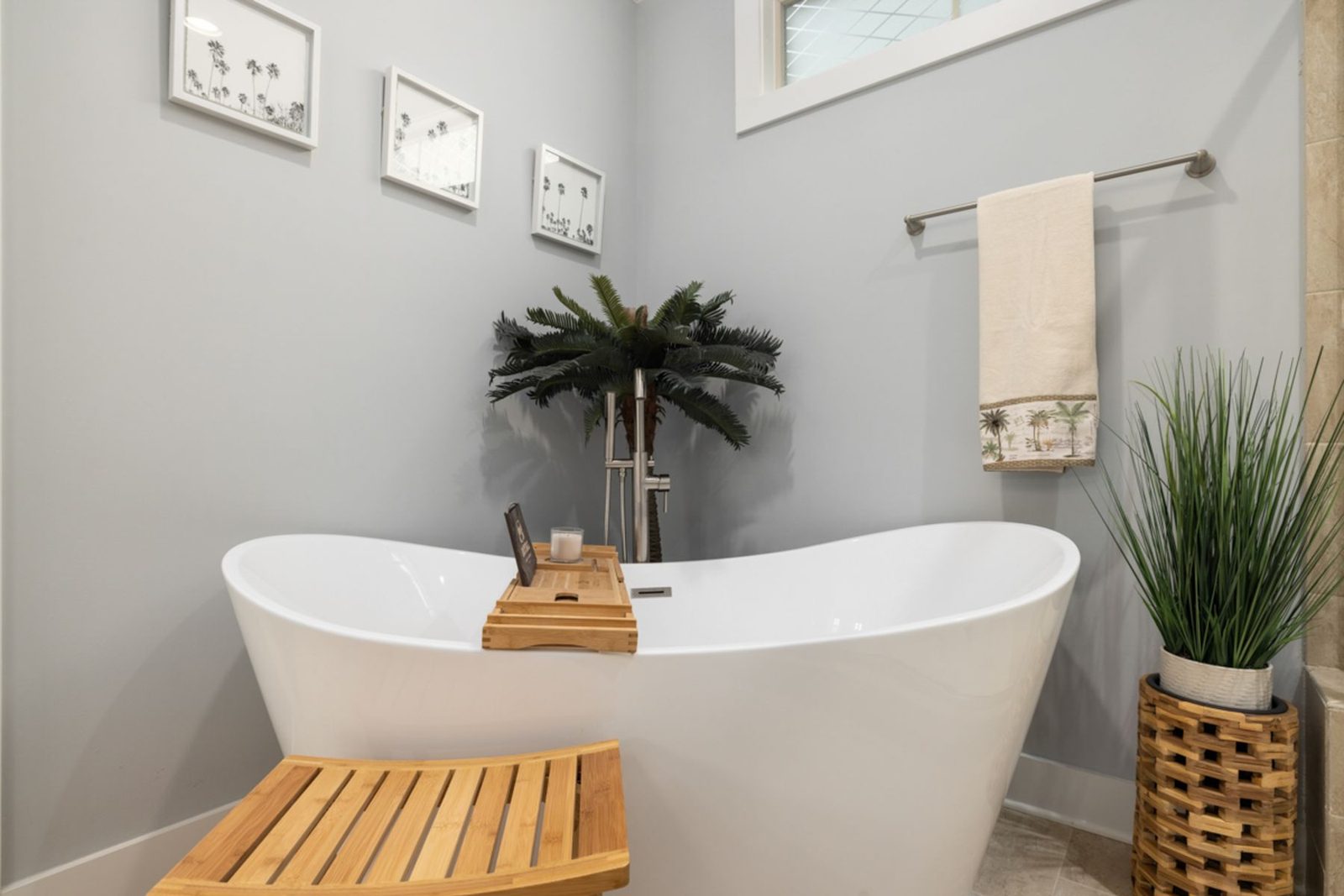 Freestanding tub in a bathroom with minimalist decor – bathroom remodel cost