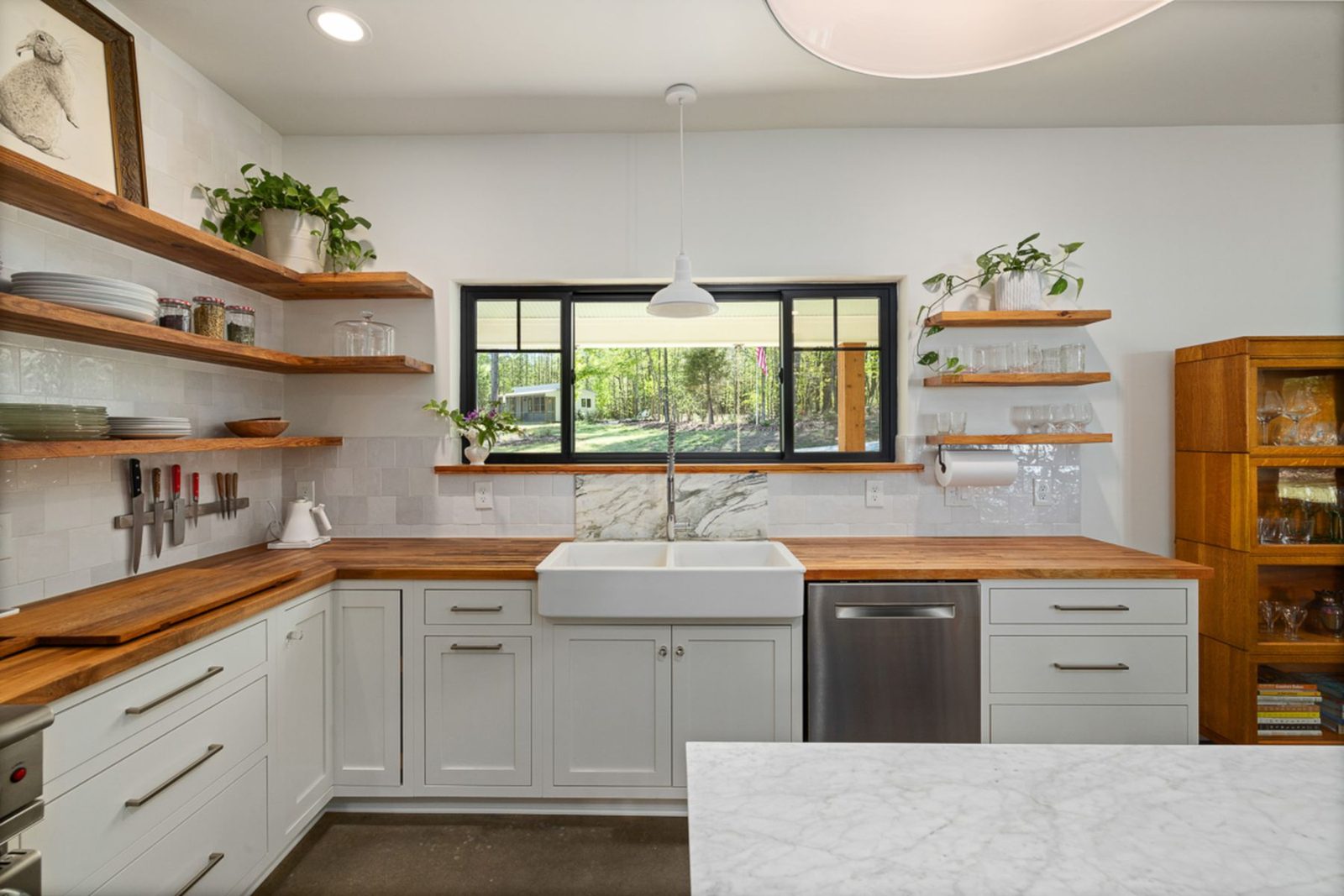 Kitchen with open shelving, farmhouse sink and wood countertops – Margate NJ remodeling
